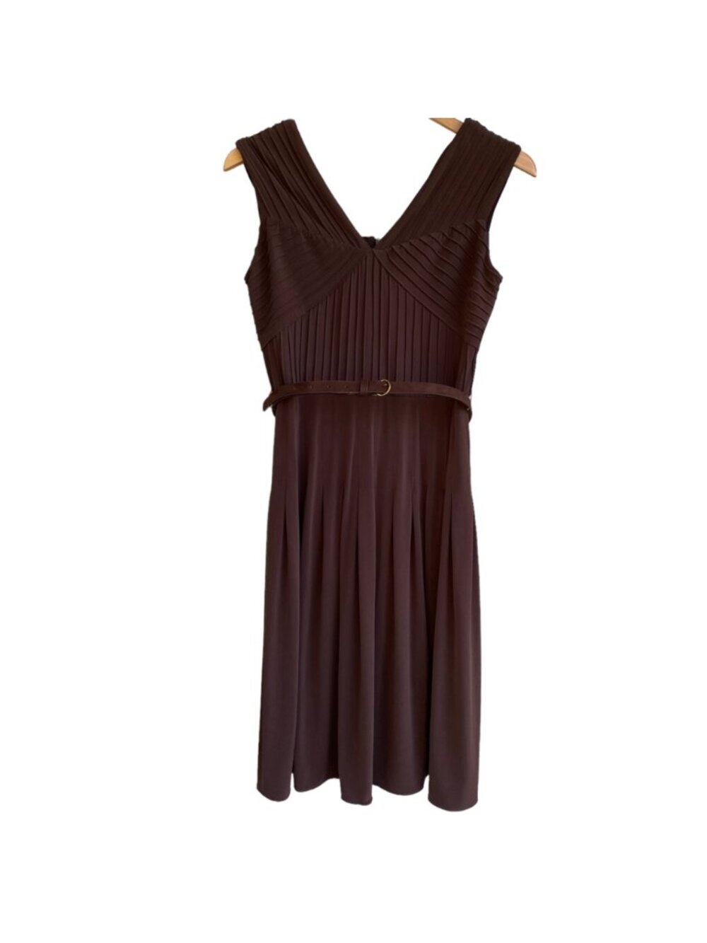 ADRIANNA PAPELL Pintuck Jersey Cap Sleeve Fit N Flare Dress 8 Brown Belt NWT - Picture 2 of 15